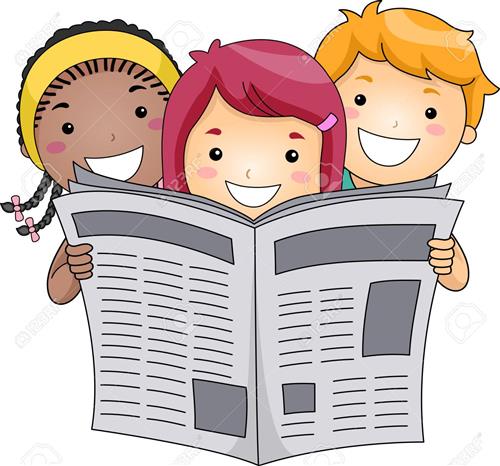 Three kids reading a newspaper 